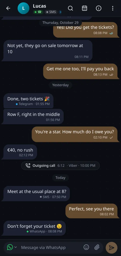 The same chat on a phone, in the dark theme