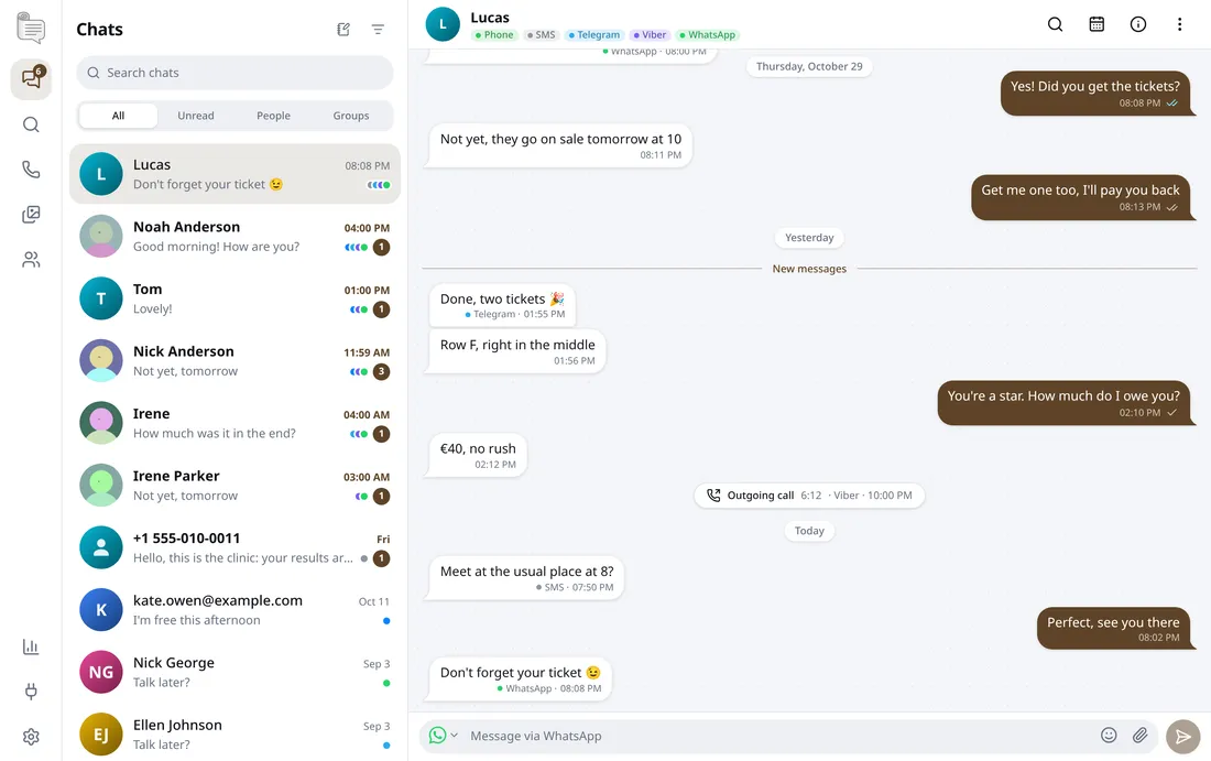 A chat in Everysaid: one person's messages and calls from SMS, Telegram, Viber, WhatsApp and the phone in one conversation