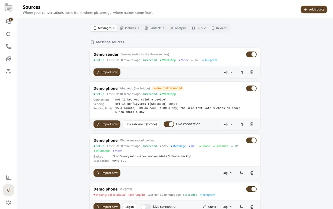 The sources page